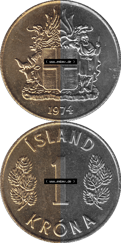 Island Umlaufmünze 1946-1975, 1 Krona 1974 (Stück 1), 1 Isländische Krone Sammlung