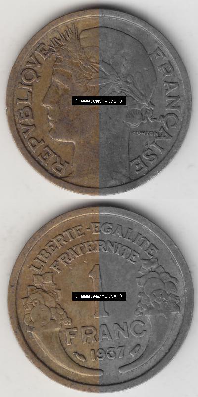 Münze Frankreich Umlaufmünzen Sammlung in PNG 1931-1941, 1 Franken, 1 Franc, 1937 (Stück 1) LIBERTE EGALITE FRATERNITE (4)... Sammlung