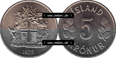 Island Umlaufmünze 1969-1980, 5 Kronur 1973 (Stück 1), 5 Isländische Kronen Sammlung