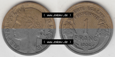 Münze Frankreich Umlaufmünzen Sammlung in PNG 1931-1941, 1 Franken, 1 Franc, 1936 (Stück 1) LIBERTE EGALITE FRATERNITE (3)... Sammlung