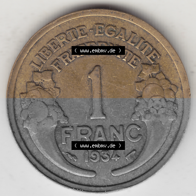 Münze Frankreich Umlaufmünzen Sammlung in PNG 1931-1941, 1 Franken, 1 Franc, 1934 (Stück 1) LIBERTE EGALITE FRATERNITE (2)... Sammlung