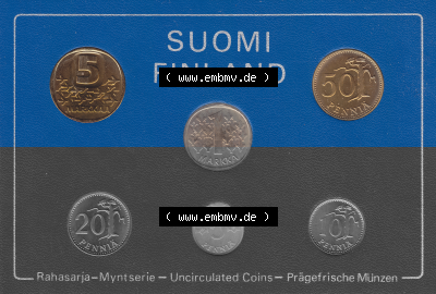 Alte Münzen KMS Finnland, Kursmünzensatz 1980 in Stempelglanz als digitales Computerbild in transparenten PNG 1980-1980, Markkaa,... Sammlung