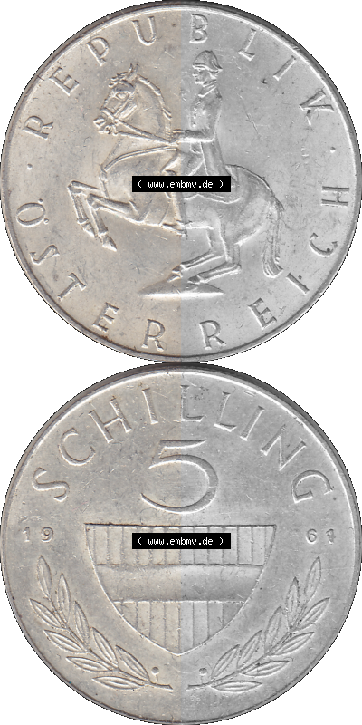 5 / Fünf Schilling Österreich in original Farbgebung von Scanner transparenten PNG 1960-1968, 5 Fünf Schilling 1961 (Stück... Sammlung