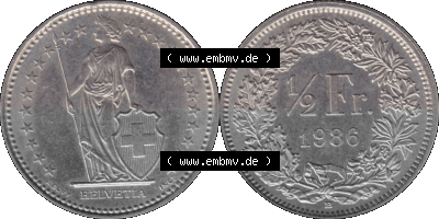 Schweiz in original Farbgebung vom Scanner transparenten PNG 1983-Heute, 1/2 (halber) Franken B 1986 (Stück 1) Sammlung