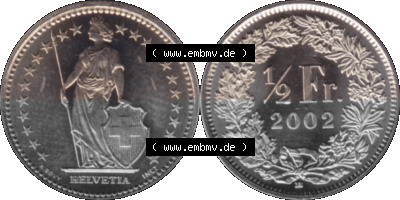 KMS Schweiz in original Farbgebung vom Scanner transparenten PNG 1983-2018, 1/2 Franken 2002 Sammlung