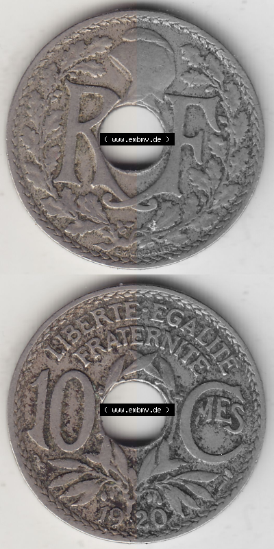 Münze Frankreich Umlaufmünzen Sammlung in PNG 1917-1938, 10 Centimes, 10 CMES EGALITÉ FRATERNITÉ LIBERTÉ 1920 (Stück 1)... Sammlung