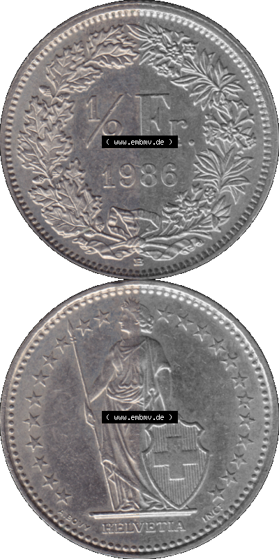 Schweiz in original Farbgebung vom Scanner transparenten PNG 1983-Heute, 1/2 (halber) Franken B 1986 (Stück 1) Sammlung