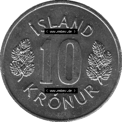 Island Umlaufmünze 1967-1980, 10 Kronur 1974 (Stück 1), 10 Isländische Kronen Graustufen Sammlung