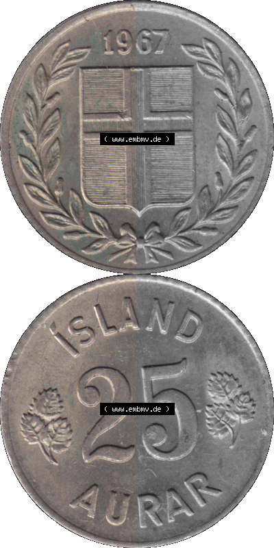 Island Umlaufmünze 1946-1967 25 Aurar 1967 Sammlung