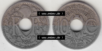 Münze Frankreich Umlaufmünzen Sammlung in PNG 1917-1938, 10 Centimes, 10 CMES EGALITÉ FRATERNITÉ LIBERTÉ 1922 (Stück 1)... Sammlung