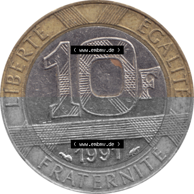 Münze Frankreich Umlaufmünzen Sammlung in PNG 1991-1991, 10 Francs-01 1991 (Stück 1) (5) - Digitales Münzen-Bildmaterial einer... Sammlung