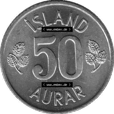 Island Umlaufmünze 1969-1974, 50 Aurar 1974 (Stück 1), 50 Isländische Aurar Graustufen Sammlung