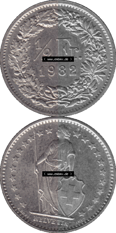 Schweiz in original Farbgebung vom Scanner transparenten PNG 1968-1982, 1/2 (halber) Franken B 1982 (Stück 1) Sammlung