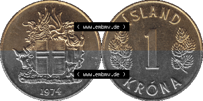 Island Umlaufmünze 1946-1975, 1 Krona 1974 (Stück 1), 1 Isländische Krone Sammlung