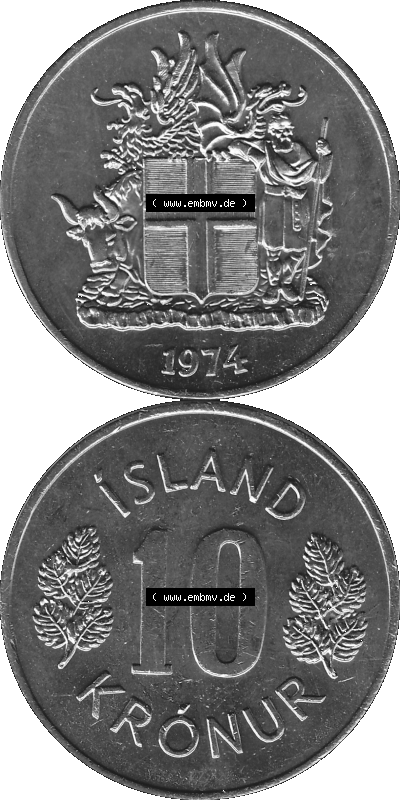 Island Umlaufmünze 1967-1980, 10 Kronur 1974 (Stück 1), 10 Isländische Kronen Graustufen Sammlung