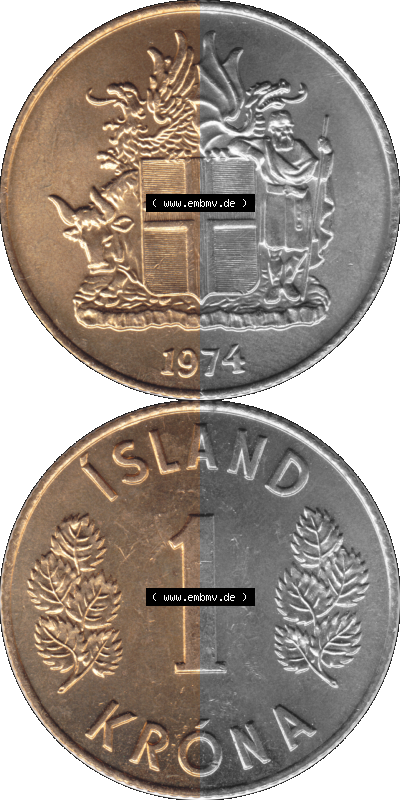 Alte Münze 'Island Umlaufmünze 1957-1975, 1 KR, Eine Krone 1974 (Stück 1). Vorderseite und Rückseite der Münze, Umlaufmünze... Sammlung