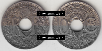 Münze Frankreich Umlaufmünzen Sammlung in PNG 1917-1938, 10 Centimes, 10 CMES EGALITÉ FRATERNITÉ LIBERTÉ 1918 (Stück 2)... Sammlung