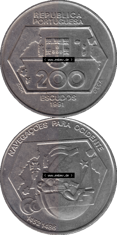 Alte Gedenkmünze aus Portugal als PNG-Grafik 1992, 200 Escudos, Navegagoes Para Ocidente 1452-1486 Sammlung