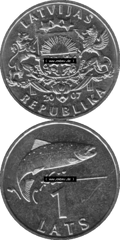 Lettland Umlaufmünze 1992-2008, 1 Lats 2007 (Stück 1), Atlatischer Lachs Graustufen Sammlung