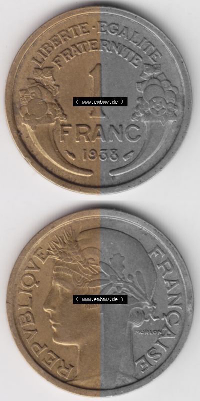 Münze Frankreich Umlaufmünzen Sammlung in PNG 1931-1941, 1 Francs, Franken 1938 (4) - Digitales Münzen-Bildmaterial einer französischen... Sammlung