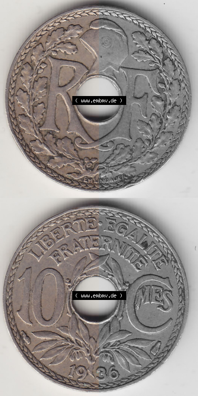 Münze Frankreich Umlaufmünzen Sammlung in PNG 1917-1938, 10 Centimes - Cmes 1936 (4) - Digitales Münzen-Bildmaterial einer... Sammlung