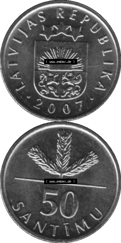 Lettland Umlaufmünze 1992-2009, 50 Santimu 2007 (Stück 1), VS Staatswappen, RS. Wert-Zahl Graustufen Sammlung