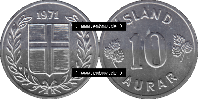 Island Umlaufmünze 1970-1974, 10 Aurar 1974 (Stück 1), 10 Isländische Aurar Sammlung