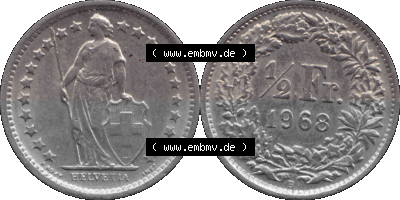 Schweiz in original Farbgebung vom Scanner transparenten PNG 1968-1982, 1/2 (halber) Franken B 1968 (Stück 1) Sammlung