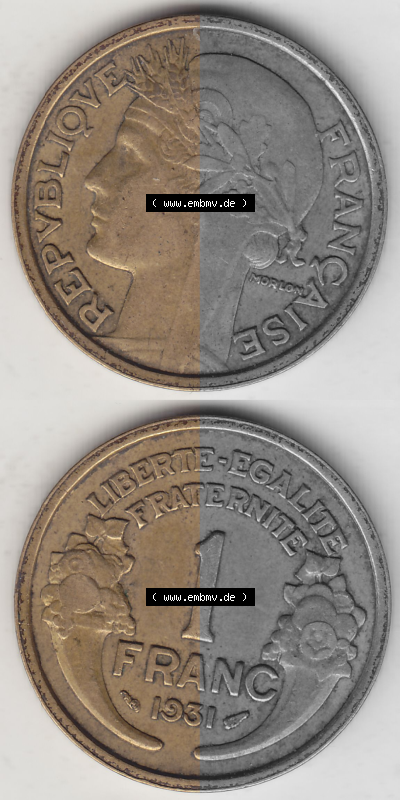 Münze Frankreich Umlaufmünzen Sammlung in PNG 1931-1941, 1 Franken, 1 Franc, 1931 (Stück 1) LIBERTE EGALITE FRATERNITE (4)... Sammlung