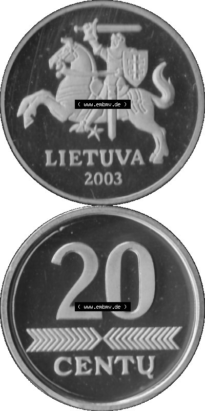 Litauen Kursmünzensatz 1997-2014, 20 Centu 2003 (Stück 1) Graustufen, Digitales Bildmaterial von Münzen aus Litauen Sammlung