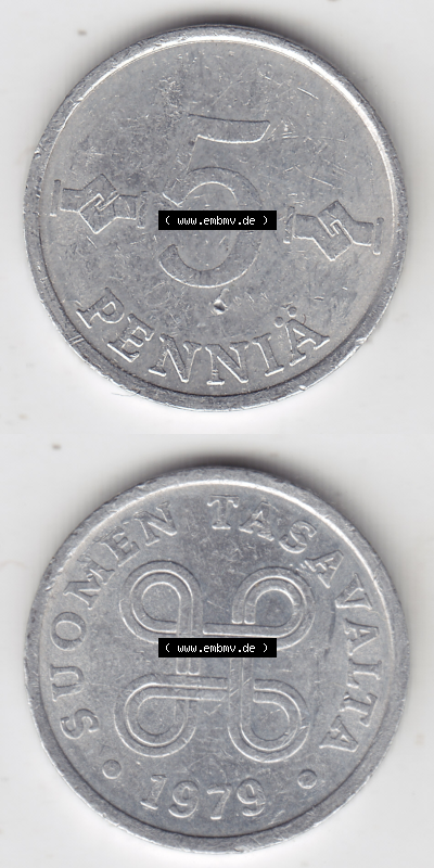 Münze Finnland / SUOMI Umlaufmünzen Sammlung in PNG 1977-1990, 5 Penniä 1979 (4) - Digital Münzen-Bildmaterial einer Münze... Sammlung