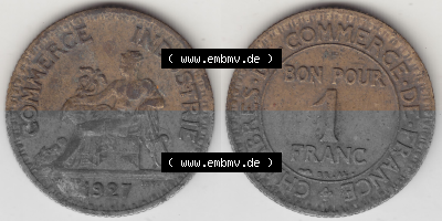 Münze Frankreich Umlaufmünzen Sammlung in PNG 1920-1927, 1 Franken BON POUR 1 FRANC 1927 (3) - Digitales Münzen-Bildmaterial... Sammlung