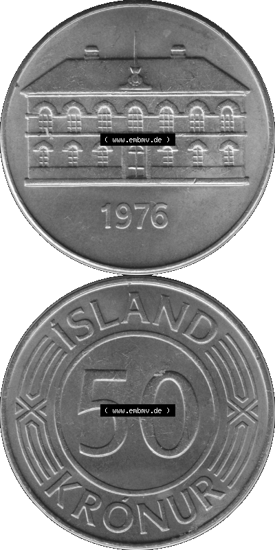Island Umlaufmünze 1970-1980, 50 Krönur, Fünfzig Kronen 1976 (Stück 1) Graustufen Sammlung
