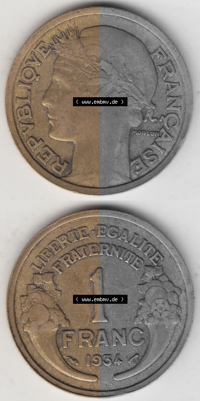 Münze Frankreich Umlaufmünzen Sammlung in PNG 1931-1941, 1 Franken, 1 Franc, 1934 (Stück 1) LIBERTE EGALITE FRATERNITE (4)... Sammlung
