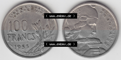 Münze Frankreich Umlaufmünzen Sammlung in PNG 1954-1958; 100 Francs, Franken Typ I. 1955 (3) - Digitales Münzen-Bildmaterial... Sammlung