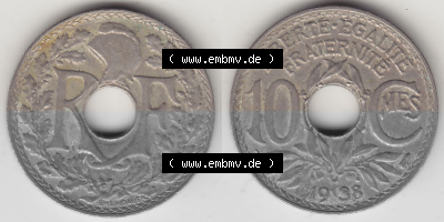 Münze Frankreich Umlaufmünzen Sammlung in PNG 1917-1938, 10 Centimes - Cmes 1938 (Stück 2) (3) - Digitales Münzen-Bildmaterial... Sammlung