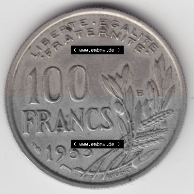Münze Frankreich Umlaufmünzen Sammlung in PNG 1954-1958; 100 Francs, Franken Typ I. 1955 (1) - Digitales Münzen-Bildmaterial... Sammlung