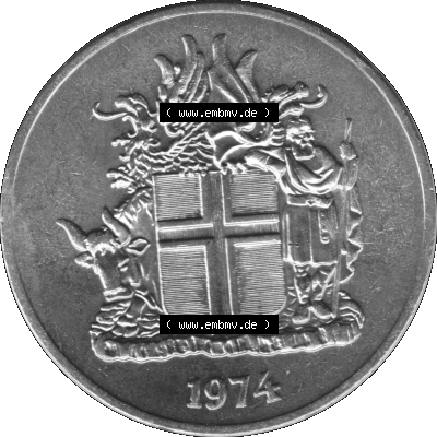 Island Umlaufmünze 1967-1980, 10 Krönur, Zehn Kronen 1974 (Stück 1) Graustufen Sammlung