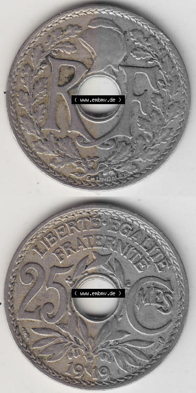 Münze Frankreich Umlaufmünzen Sammlung in PNG 1917-1937, 25 Cmes, Centimes 1919 (Stück 1) LIBERTE EGALITE FRATERNITE (4) -... Sammlung