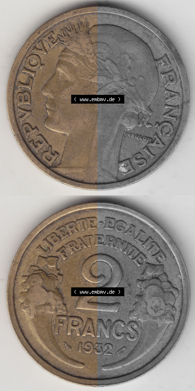 Münze Frankreich Umlaufmünzen Sammlung in PNG 1931-1941, 2 Franken 1932 (Stück 2) LIBERTE EGALITE FRATERNITE (4) - Digitales... Sammlung