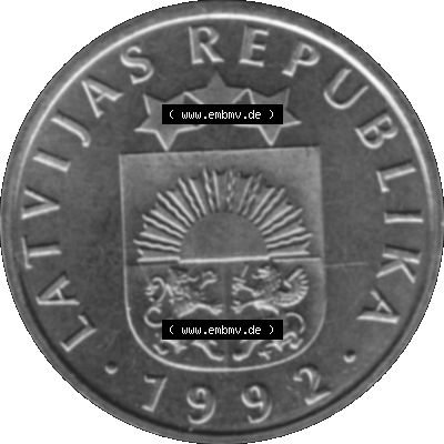 Lettland Umlaufmünze 1992-2009, 5 Santimi 1992 (Stück 1), VS Staatswappen, RS. Wert-Zahl Graustufen Sammlung