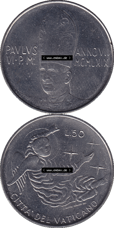 Alte Münze aus der Vatikanstadt / Vatikan als PNG-Grafik 1969-1969, 50 Fünfzig Lire, mit Engel-Darstellung Papst Paul VI. 1969 Sammlung