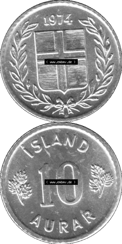 Island Umlaufmünze 1970-1974, 10 Aurar, Zehn Aura 1974 (Stück 1) Graustufen Sammlung