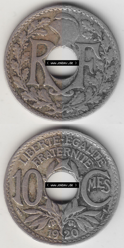 Münze Frankreich Umlaufmünzen Sammlung in PNG 1917-1938, 10 Centimes - Cmes 1920 (4) - Digitales Münzen-Bildmaterial einer... Sammlung