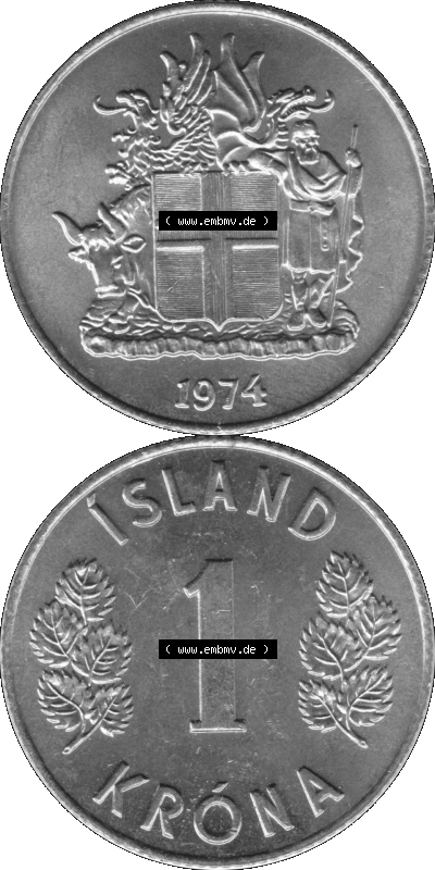 Island Umlaufmünze 1957-1975, 1 KR, Eine Krone 1974 (Stück 1) Graustufen Sammlung