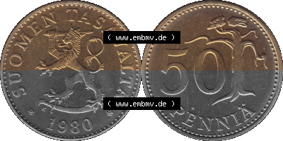 Alte Münzen KMS Finnland, Kursmünzensatz 1980 in Stempelglanz als digitales Computerbild in transparenten PNG 1963-1990, 50... Sammlung