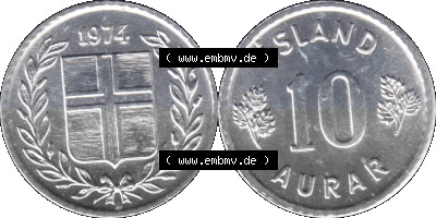 Alte Münze 'Island Umlaufmünze 1970-1974, 10 Aurar, Zehn Aura 1974 (Stück 1). Vorderseite und Rückseite der Münze aus Island... Sammlung