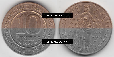 Münze Frankreich Umlaufmünzen Sammlung in PNG 1987-1987, 10 Francs 1000 Jahre König Hugo Capet erster König von Frankreich... Sammlung