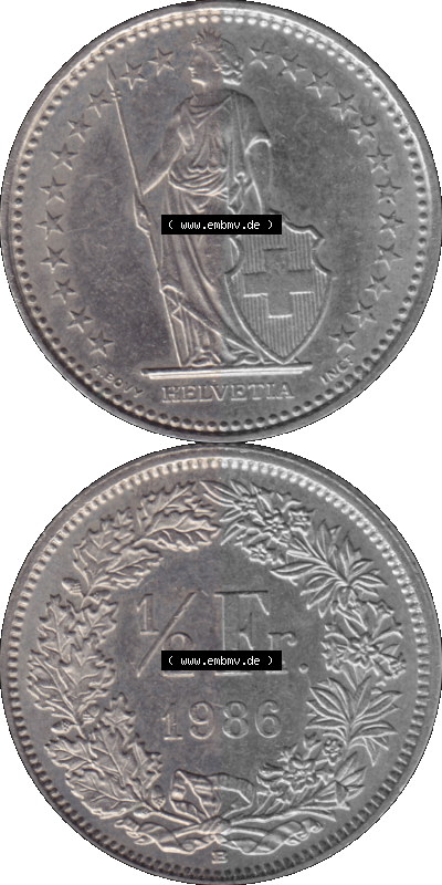 Schweiz in original Farbgebung vom Scanner transparenten PNG 1983-Heute, 1/2 (halber) Franken B 1986 (Stück 1) Sammlung