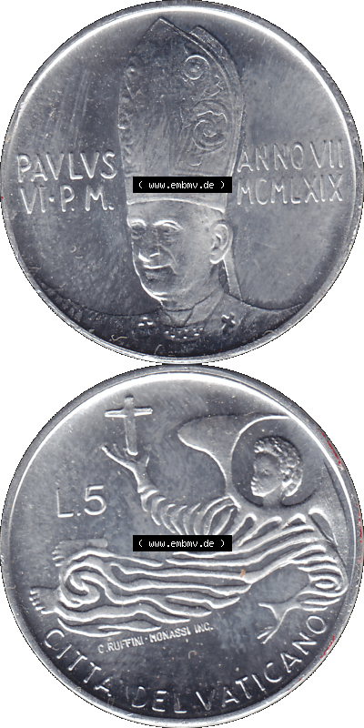 Alte Münze aus der Vatikanstadt / Vatikan als PNG-Grafik 1969-1969, 5 Fünf Lire, mit Engel-Darstellung Papst Paul VI. 1969 Sammlung